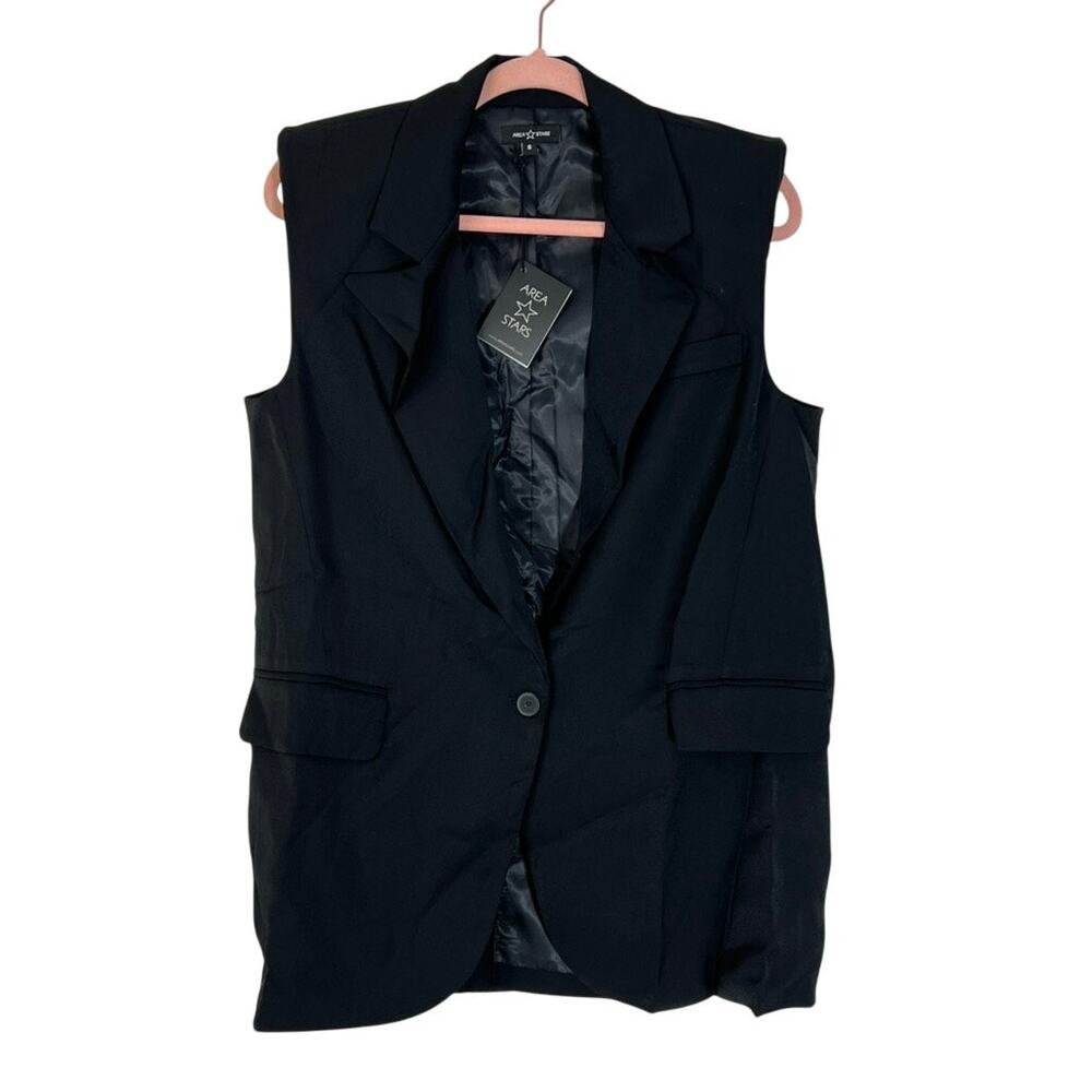 NWT Area Stars Black‎ Single Breasted Sleeveless Silky Dressy Long Blazer Size S